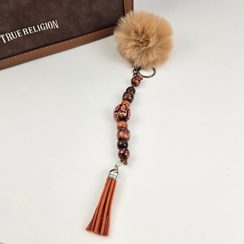 Boho Faux Fur Pom Pom Keychain Wood Floral Bead Tassel Bag Charm Tan Brown